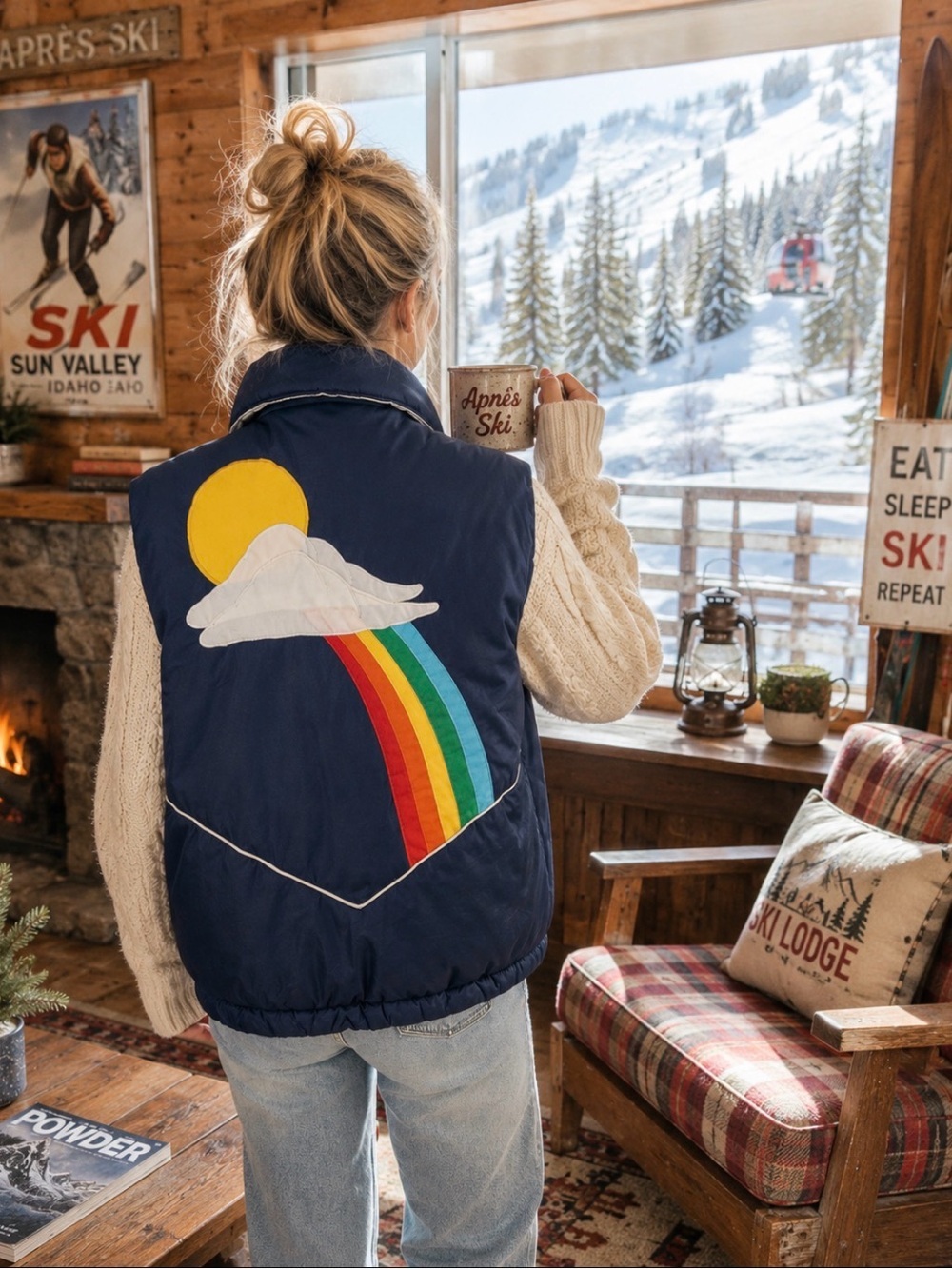 VINTAGE 80s Antler Navy ski Puffer Vest with Rainbow & Sun Appliqué